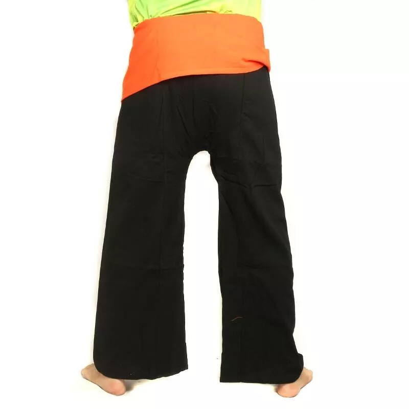 Pantalon de pêcheur thaïlandais extra long - bicolore noir-orange - coton