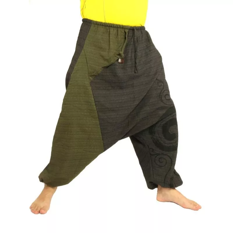 pantalon de harem bicolore vert anthracite imprimé avec spirale