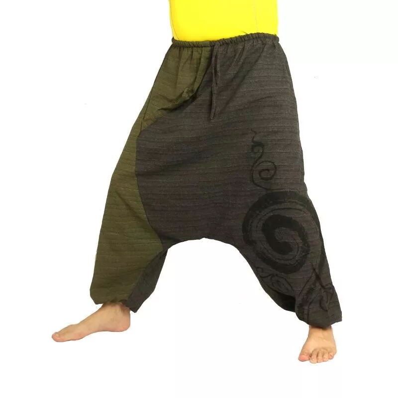 pantalon de harem bicolore vert anthracite imprimé avec spirale