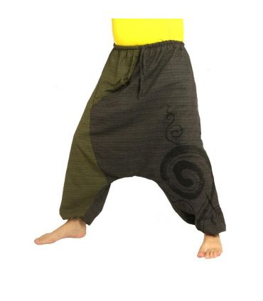 pantalon de harem bicolore vert anthracite imprimé avec spirale