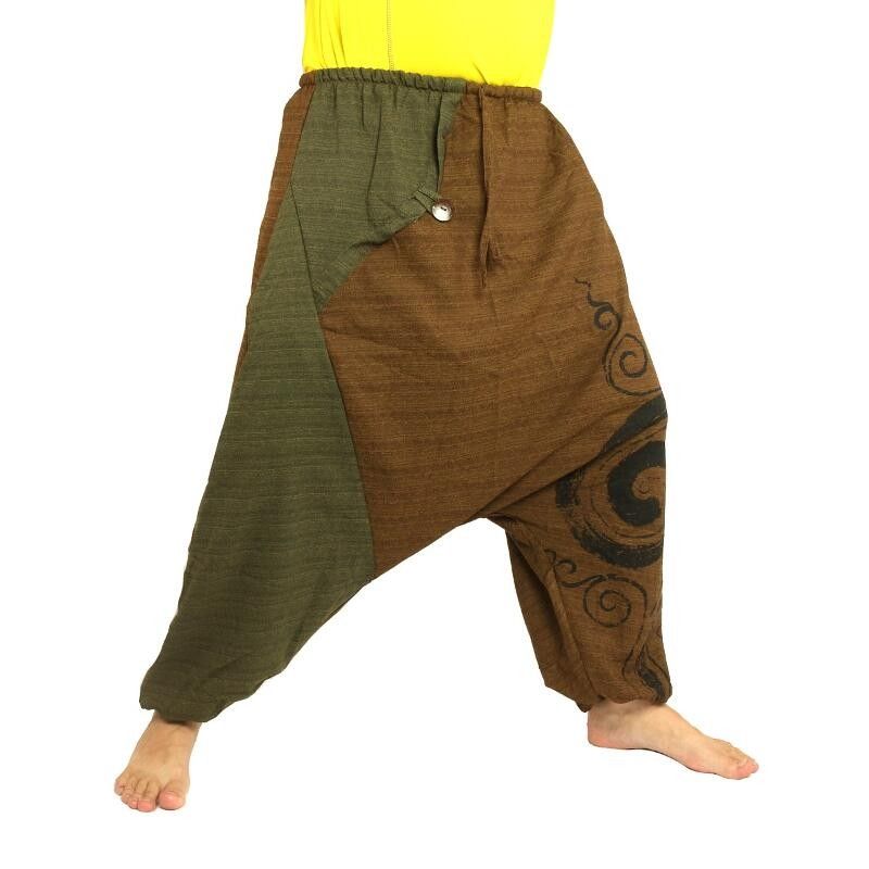 harem pants two-coloured brown green printed with spiral