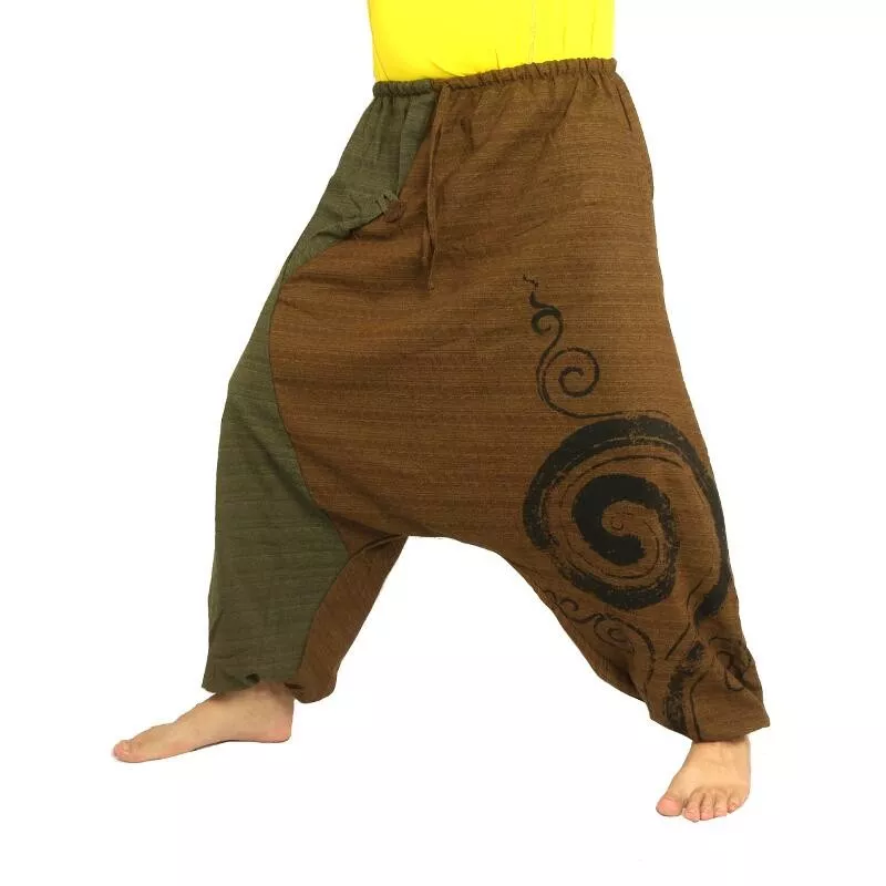 harem pants two-coloured brown green printed with spiral