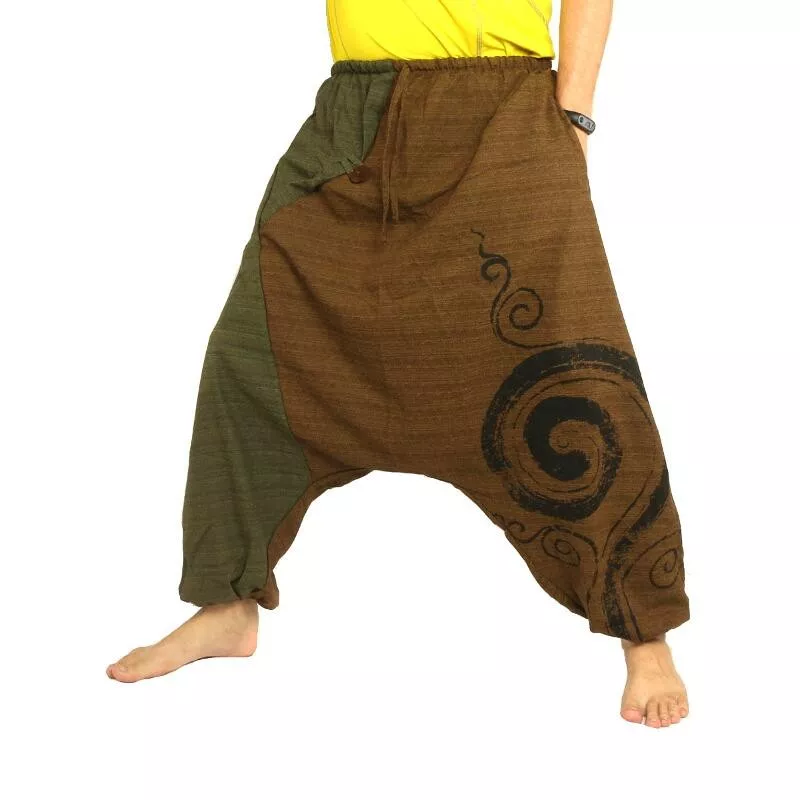 Aladinhose zweifarbig braun grün mit Spirale bedruckt