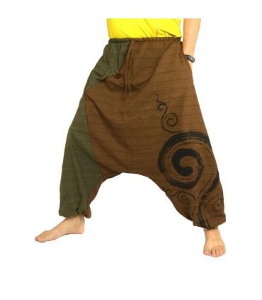 pantalon de harem bicolore marron vert imprimé avec spirale