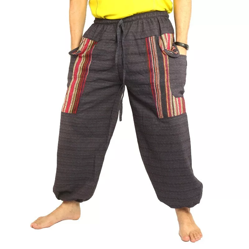 Pantalon thaïlandais en coton mélangé avec application de tissu anthracite