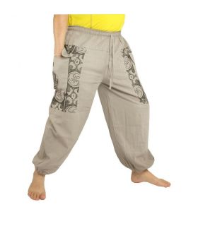 Pantalon Thai en coton gris - Imprimer Ethno
