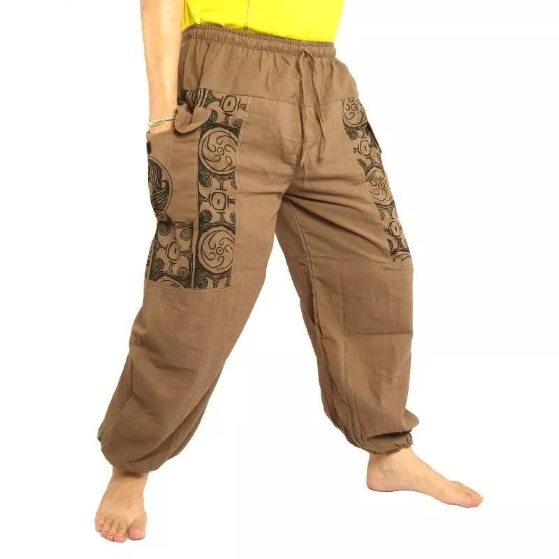 Pantalon thaïlandais en coton kaki foncé - imprimé ethnique