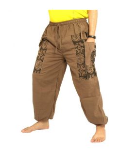 Pantalon thaïlandais en coton kaki foncé - imprimé ethnique