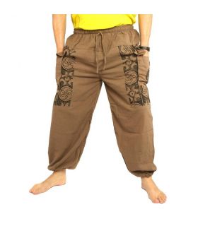 Pantalones tailandeses de algodón caqui oscuro - estampado étnico