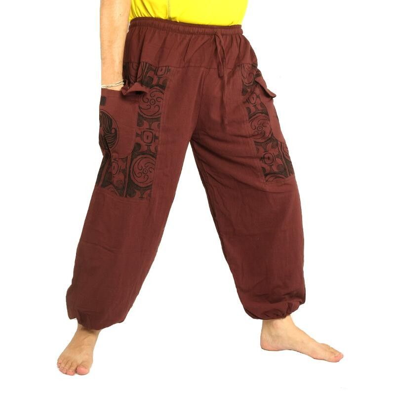 pantalon thaï en coton brun foncé - pression Ethno