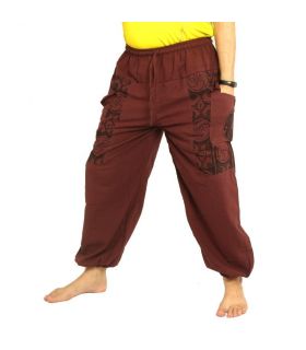 Pantalon thaïlandais en coton brun foncé - imprimé ethnique