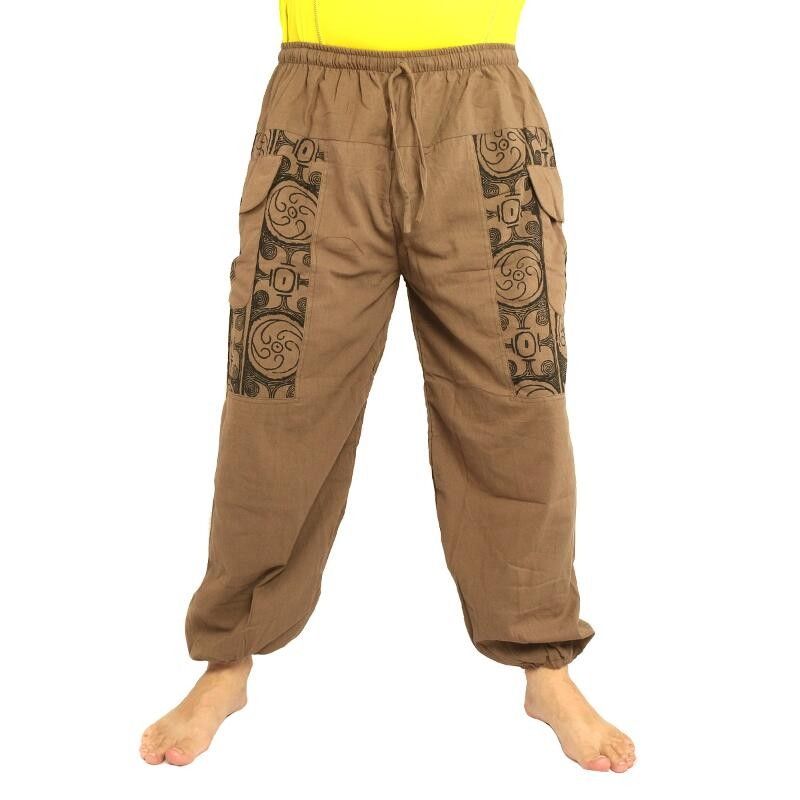 Pantalon Thai en coton kaki foncé - pression Ethno