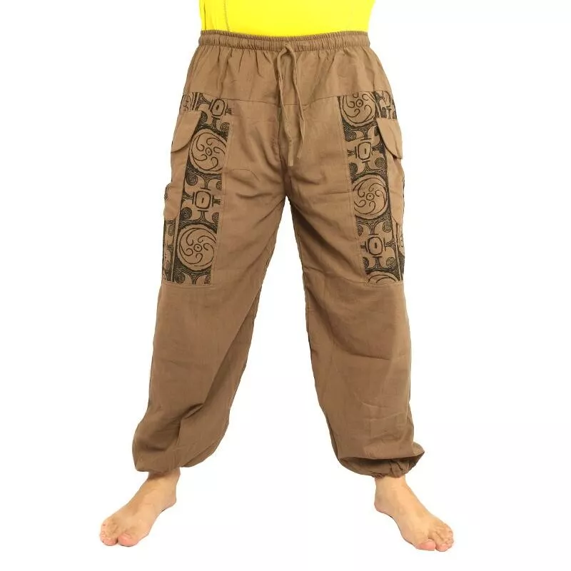 Pantalon thaïlandais en coton kaki foncé - imprimé ethnique