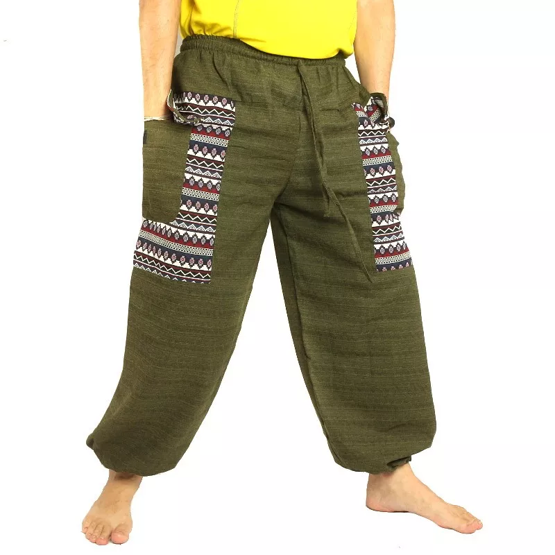 Thai Hose Cottonmix mit Stoff Applikation oliv grün