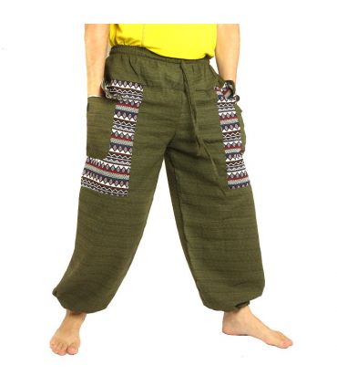 Pantalon thaïlandais cotonmix avec application de tissu vert olive
