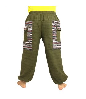 Thai trousers Cottonmix with fabric application olive green