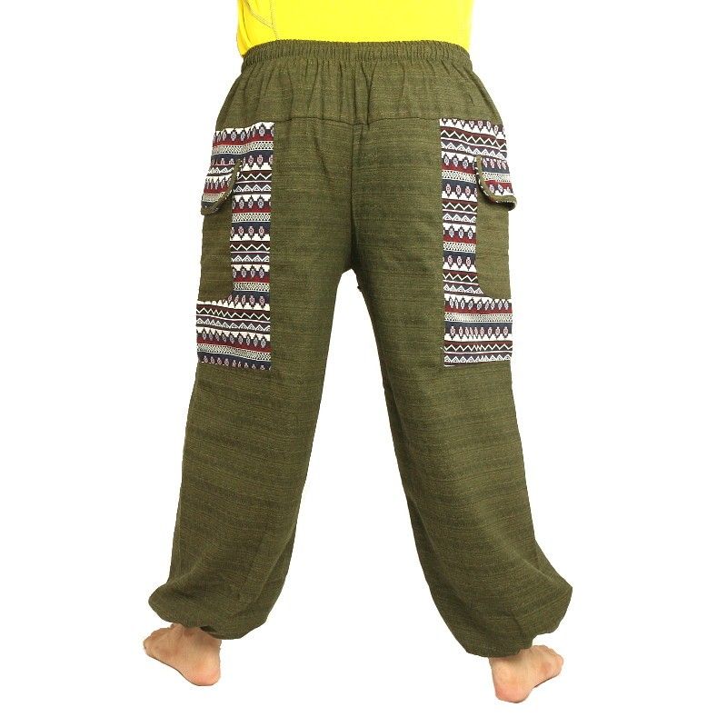 pantalon thaïlandais Cottonmix avec application tissu vert olive