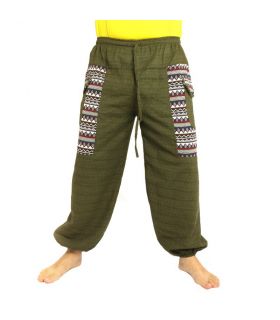 Thai pants cottonmix with fabric application olive green