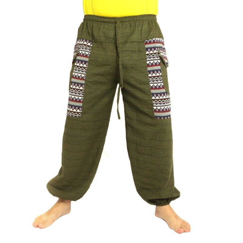 Thai trousers Cottonmix with fabric application olive green