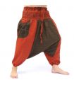 Pantalones del harén Pantalones de meditación - Om Dharmachakra Pies Budas marrón anaranjado