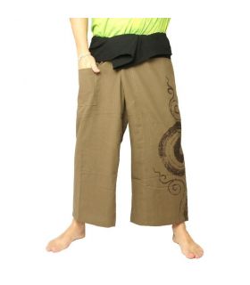 Pantalones de pescador tailandeses - con estampado en espiral color caqui oscuro