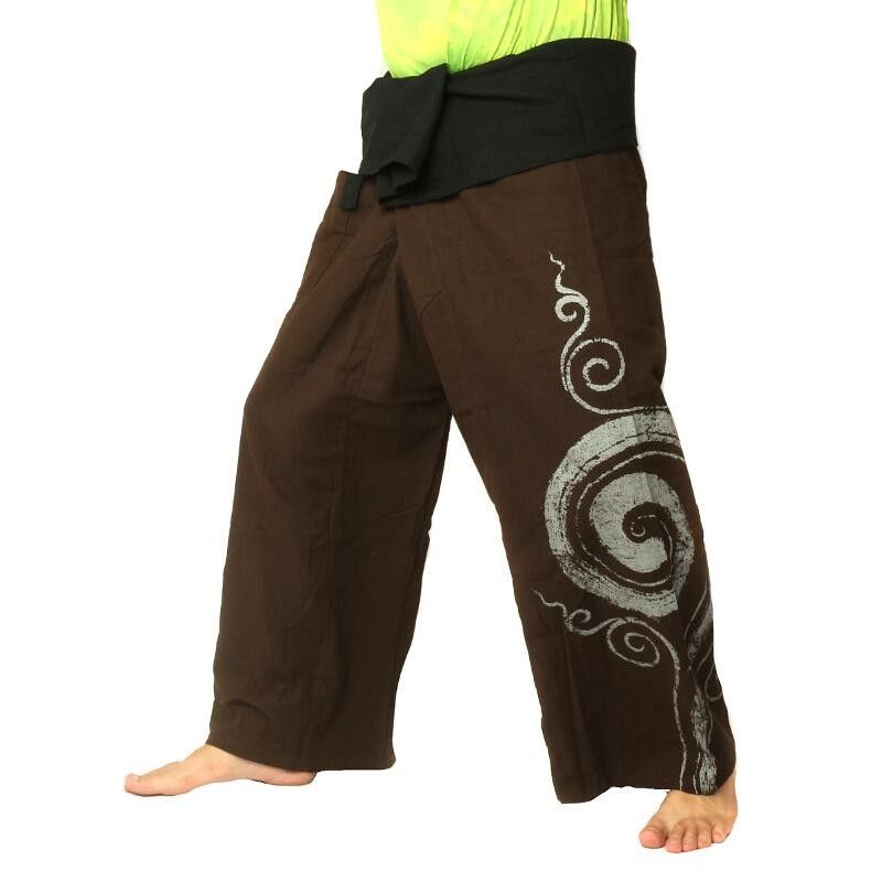 Pantalones pescador tailandés extralargas - marrón con espiral como el algodón de impresión