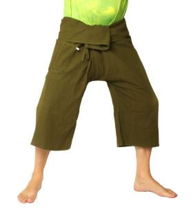 Pantalon court de pêcheur thaïlandais en coton épais - vert olive