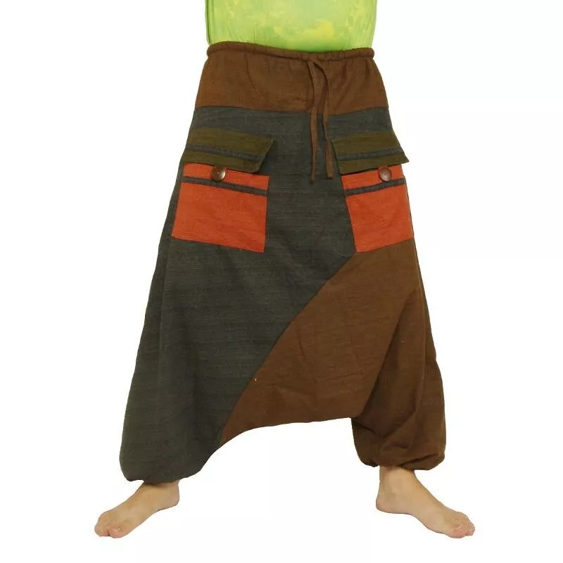 pantalon de harem bicolore à grandes poches et cordon de serrage en coton brun noir