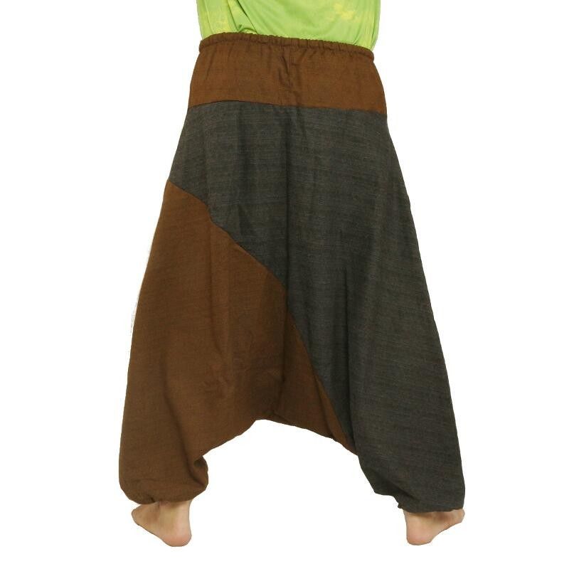 Pantalones harén bicolor con grandes bolsillos y cordón de algodón negro marrón.