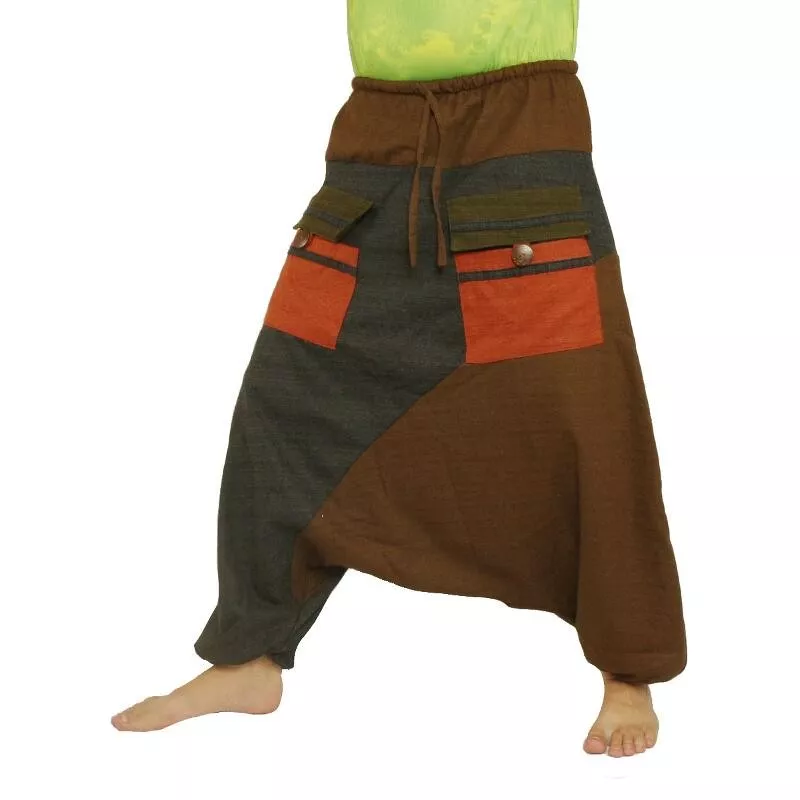 pantalon de harem bicolore à grandes poches et cordon de serrage en coton brun noir