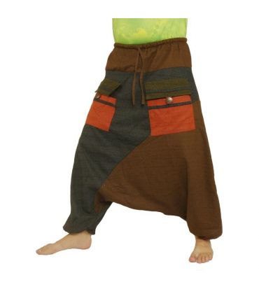 pantalon de harem bicolore à grandes poches et cordon de serrage en coton brun noir