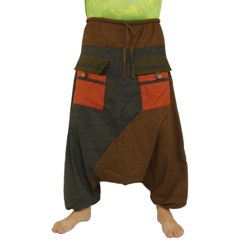 harem pants two-tone with big pockets and drawstring brown black cotton