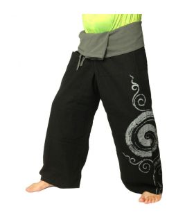 Pantalones de pescador tailandés extra largos - negro con estampado en espiral - algodón
