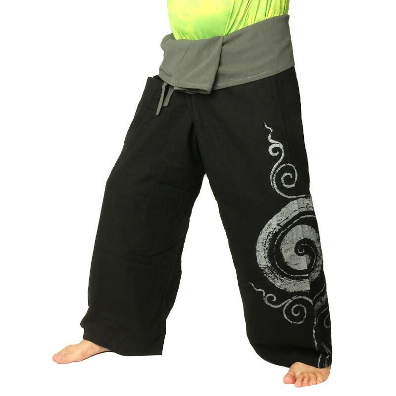 Thai fisherman pants extra long - black with spiral print - cotton