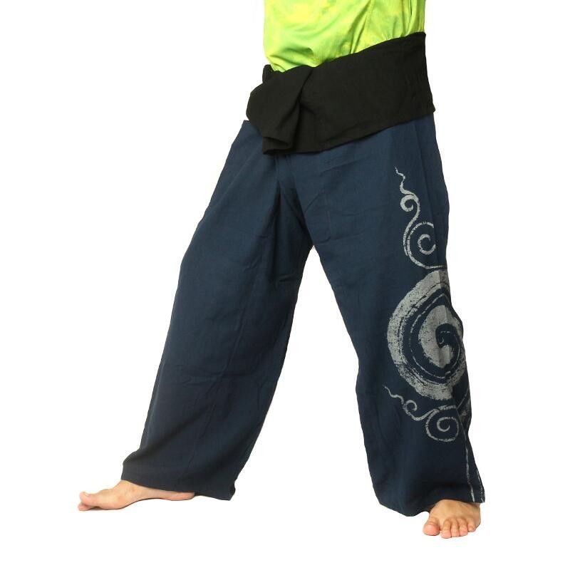 Pantalones pescador tailandés extralargas - azul oscuro con espiral como el algodón de impresión