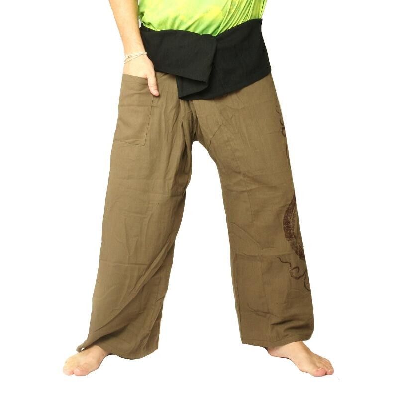 Pescador pantalones tailandeses extra largo - de color caqui oscura espiral como el algodón de impresión