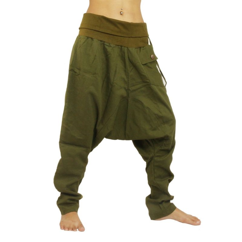 Baggy Pants Harem Pants - Cotton Large Side Pocket - Green