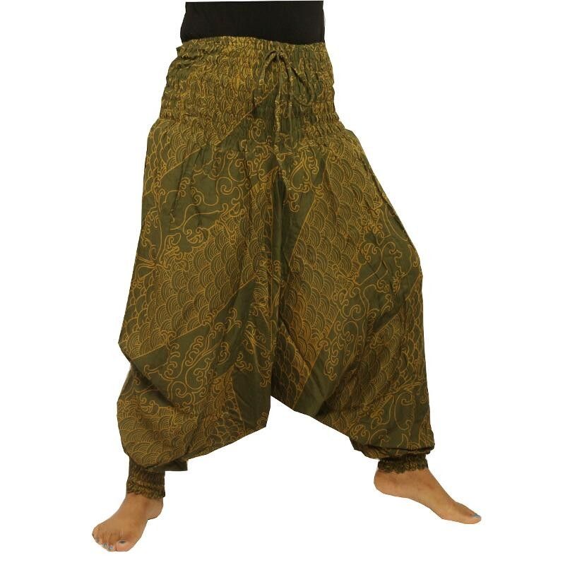 Mono Pantalones harén Patrón de onda oriental de viscosa verde