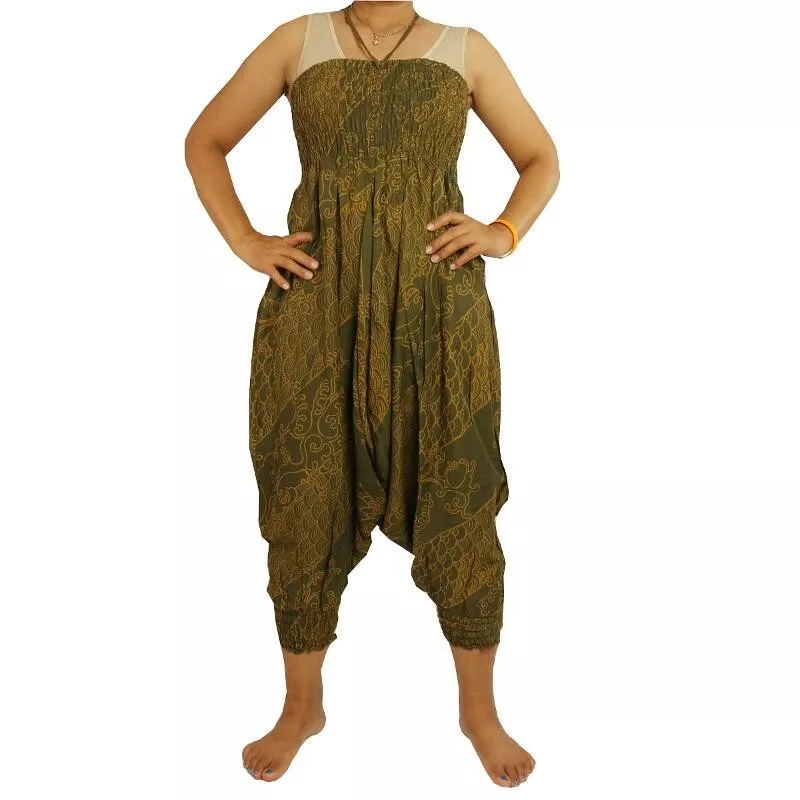 Haremshose Jumpsuit Viskose orientalisches Wellenmuster grün