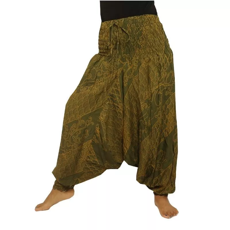 Haremshose Jumpsuit Viskose orientalisches Wellenmuster grün
