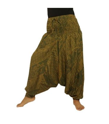 Harem pants jumpsuit viscose oriental wave pattern green