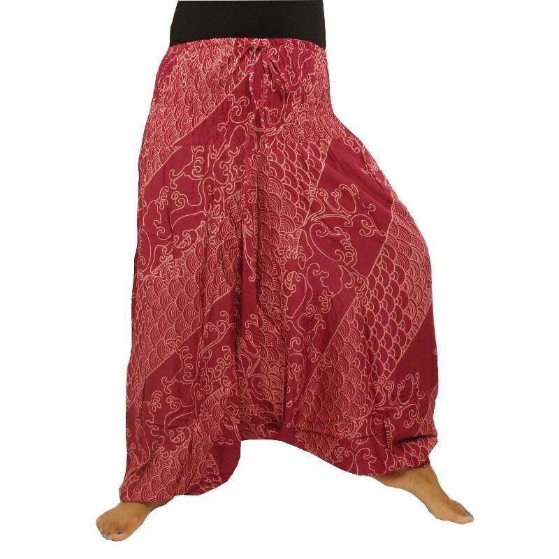 Mono Pantalones harén viscosa patrón de onda oriental rojo