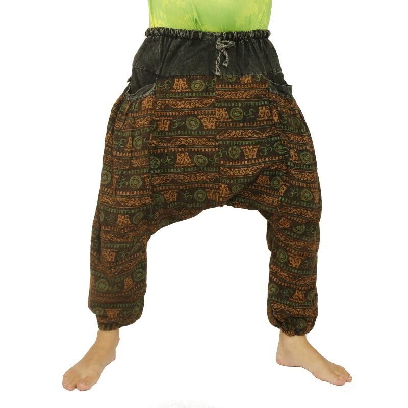 Thai Aladdin Pants Om Goa pattern printed cotton black, brown, green