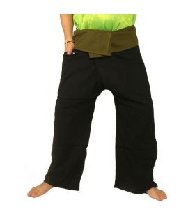 Pantalon de pêcheur thaïlandais extra long - bicolore - coton noir vert olive