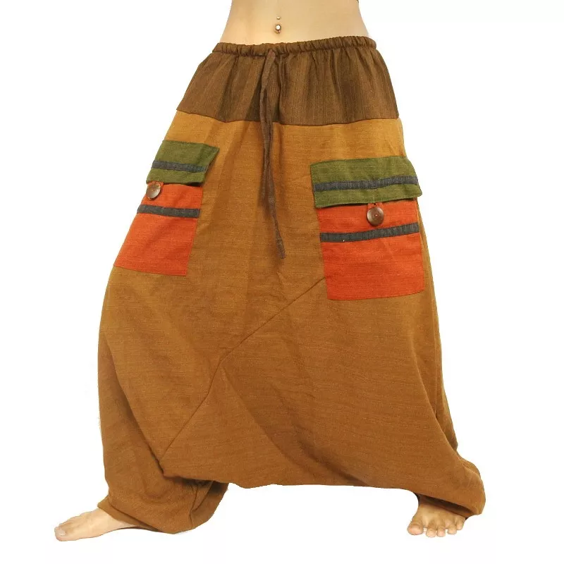 pantalon harem bicolore avec grandes poches et taille à cordon