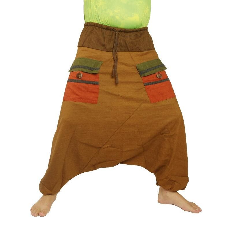 pantalon harem bicolore avec grandes poches et taille à cordon