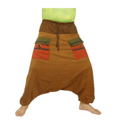 pantalon harem bicolore avec grandes poches et taille à cordon