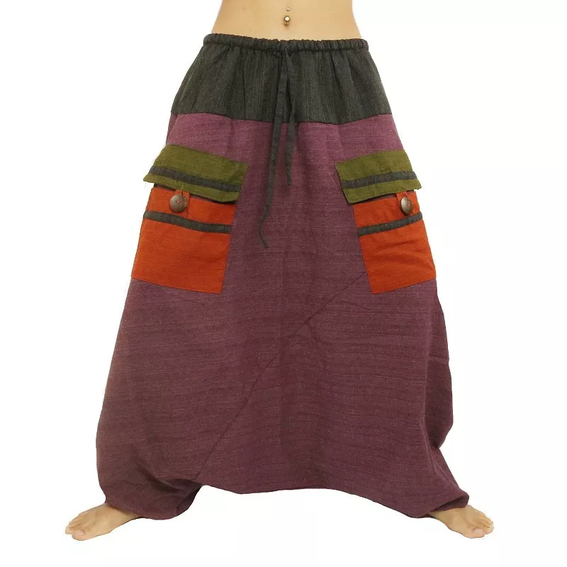 Aladinhose zweifarbig mit großen Taschen und Tunnelzug magenta schwarz Baumwolle