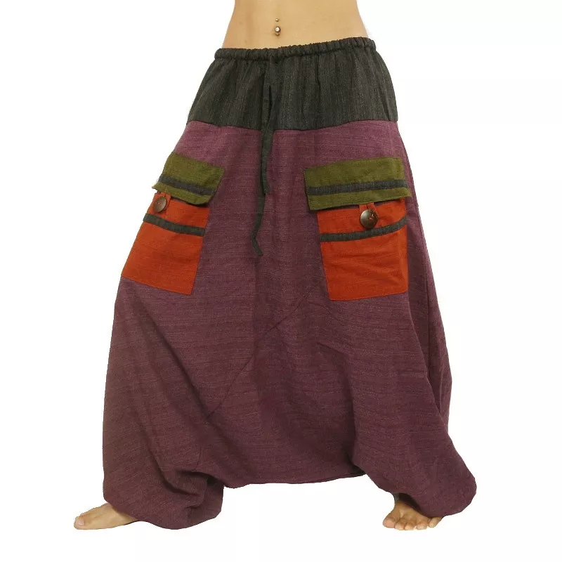 pantalon harem bicolore avec grandes poches et taille à cordon magenta coton noir