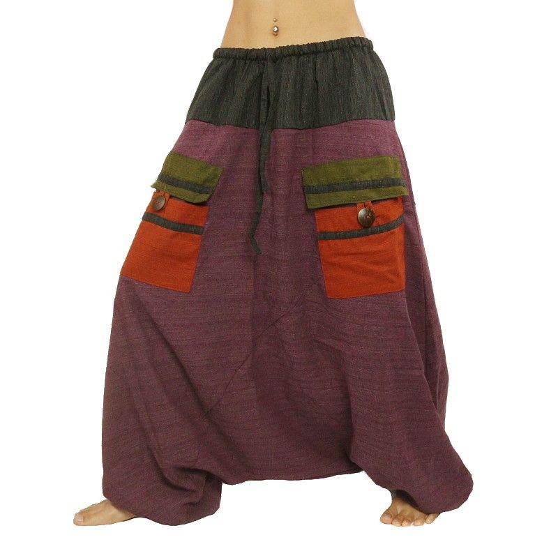 Pantalones harén bicolor con grandes bolsillos y cintura con cordón de algodón negro magenta.